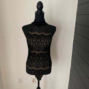Amanda Uprichard Black Halter Lace Pattern Bodysuit
